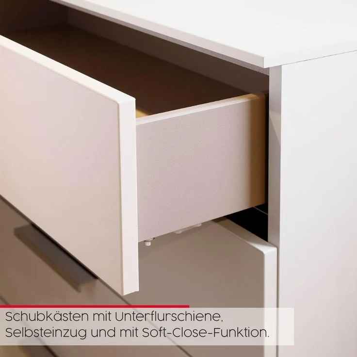 Rauch Möbel Flipp, Kombikommode, Kommode mit Stauraum für Wohnzimmer, Schlafzimmer, Flur, 4 Fachböden, Eiche Artisan/Glasfront Weiß, 3-türig, Glastüren, 5 Schubkästen, Griffe chrom, 199 x 100 x 42 cm – Bild 10