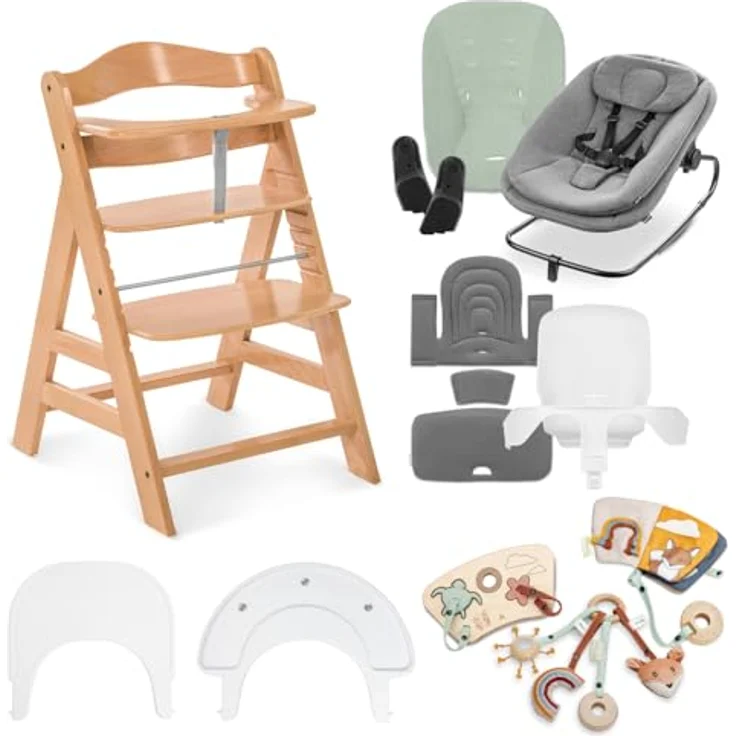 hauck All-in-One Baby Hochstuhl, Alpha Start N Grow Set Natural Dark Grey | Babywippe, Sitzverkleinerer, Sitzpolster, Klick-Essbrett, Spielbrett mit 3 Spielaufsätzen, Mitwachsend ab Geburt bis 90 kg – Bild 1