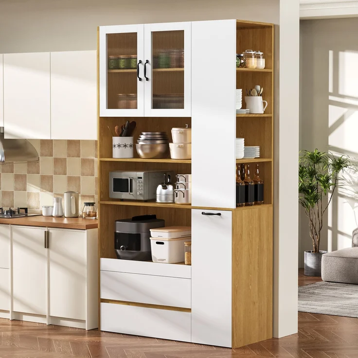 Merax Highboard mit verstellbaren Regalböden und Schubladen, Buffetschrank mit ausziehbaren Regalböden und Riffelglas(Weiß+Natur) – Bild 1