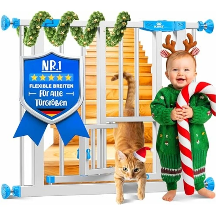 KIDIZ® Absperrgitter zum Klemmen mit Katzenklappe, Türschutzgitter, Autoclose Kinder Treppengitter ohne Bohren | 90° Stopp Schutz, schwenkbar, Treppenschutzgitter Blau, 88 - 94 cm – Bild 1