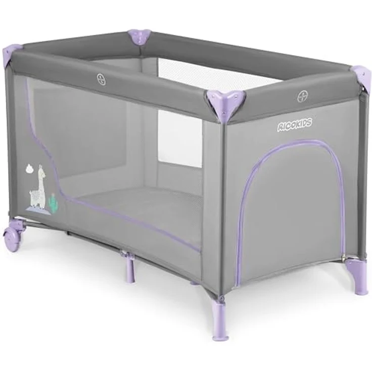 Ricokids Reisebett Baby Mit Matratze 125 x 65 x 78 cm Kinderreisebett Babybett Bis 15 kg 2 Räder Mit Bremsen Abnehmbarer Seiteneingang Transporttasche Faltbar Kompakt Hellgrau Lavendel – Bild 2