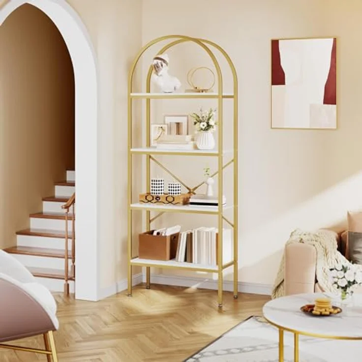 YITAHOME 4-stöckiges Bogenregal, Kuppelregal, freistehendes Aufbewahrungsregal für Wohnzimmer, Schlafzimmer, Arbeitszimmer, Weiß & Gold, 60 x 30 x 181,4 cm – Bild 2