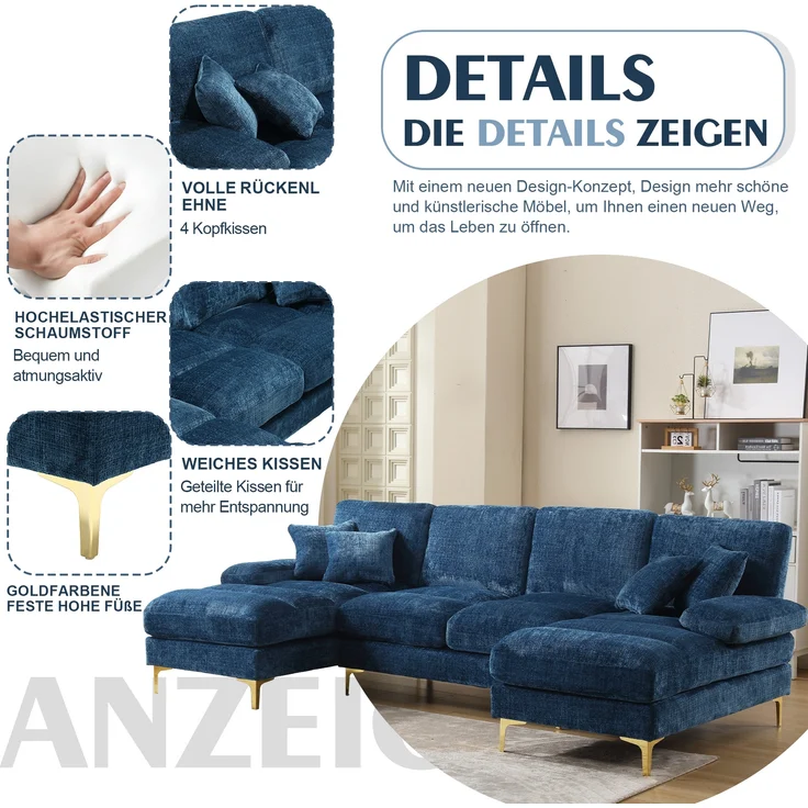 LVHOM Loungesofa 272x136x88 cm, 4-6 Personen, 6-Sitzer Chenille U-Shape Sektionssofa/Modulares Sofaset/Schlafsofa/Ecksofa/Relaxliege – Bild 4