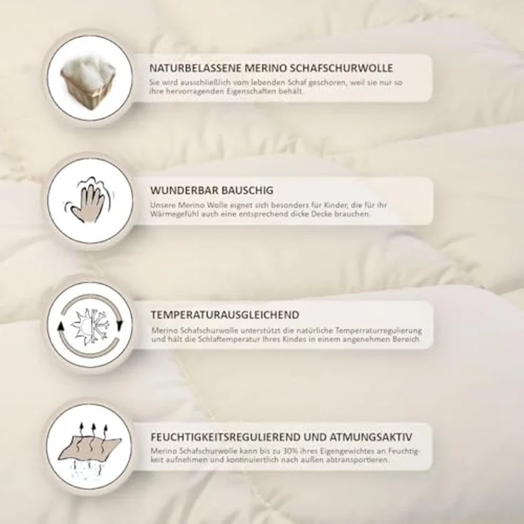 Meivita Naturhaarbettdecke Merino Schafschurwolle Ganzjahresdecke Kinderdecke in 100x135 cm, Füllung: 100% Wolle, Bezug: 100% Baumwolle, Bettdecke Hergestellt in Deutschland – Bild 4