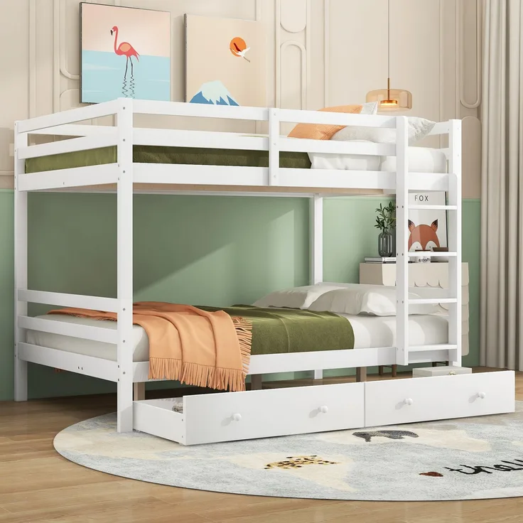 Etagenbett 140x200 cm mit Stauraumschubladen, hohem Sicherheitsgeländer, platzsparend, Treppe,Hochbett für Kinderzimmer, robust und langlebig,weiß