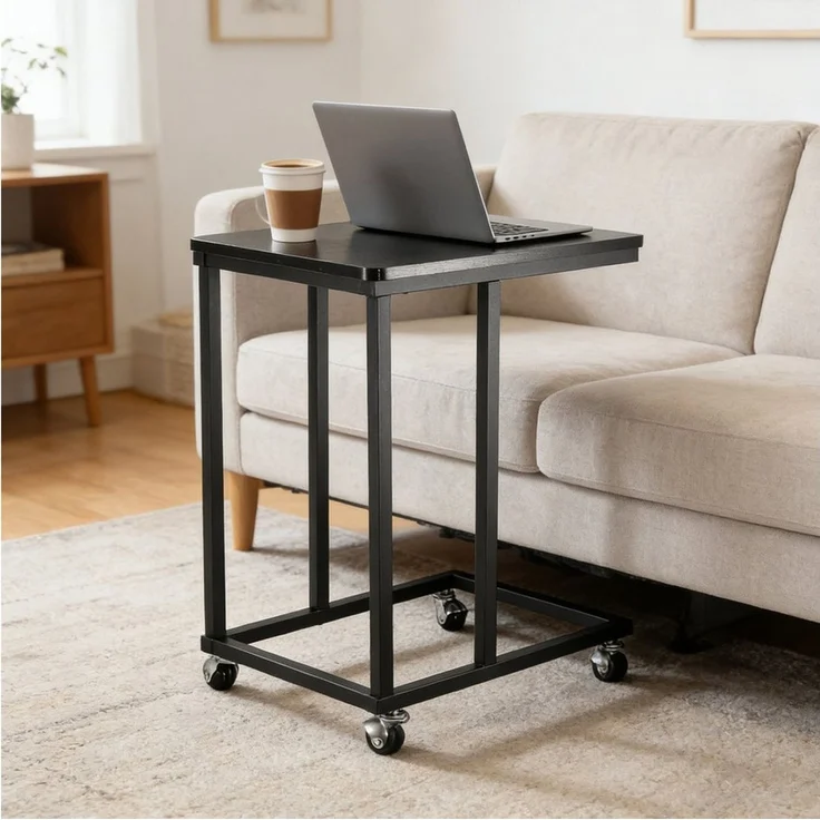 BlingBin Beistelltisch Mobiler Kaffeetisch,C-förmiger Sofatisch mit Rollen,35 x 50 x 60 cm (1 Set, 1-St, Laptoptisch mit Metallgestell und Holzoptik), für Sofa, Bett und Wohnzimmer, Schwarz – Bild 3