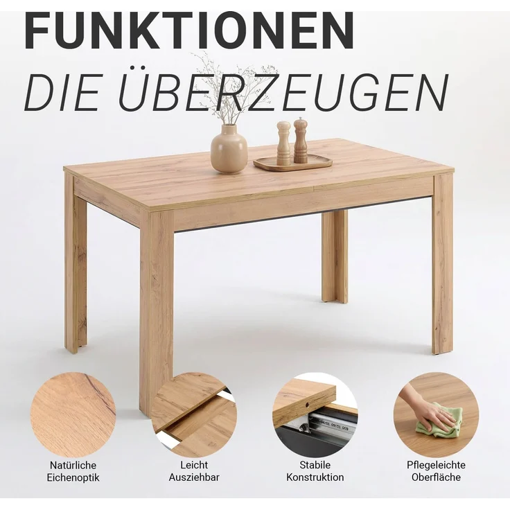 Esstisch ausziehbar 135x86 cm Wohnzimmertisch Holz Eiche Küchentisch Esszimmertisch Holztisch Tisch – Bild 4
