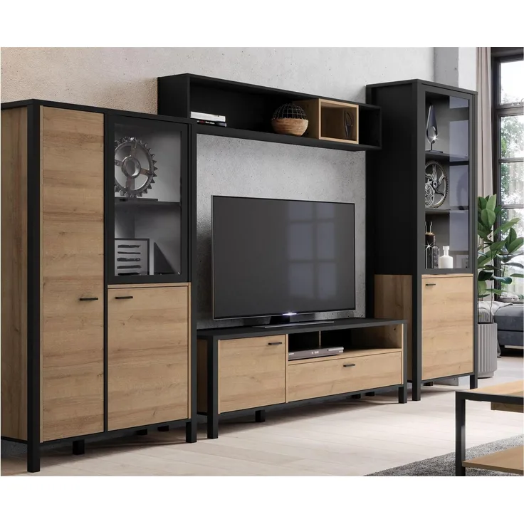 Wohnwand >Hialeah< in Riviera Eiche - 322,4x193,9x40,2cm (BxHxT)