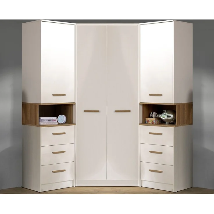 Marmex Möbel Grant 06N Standregal mit Türen geschlossen und Schubladen, laminierte Spanplatte, weiß+riviera Eiche, 52x195x40 cm – Bild 5