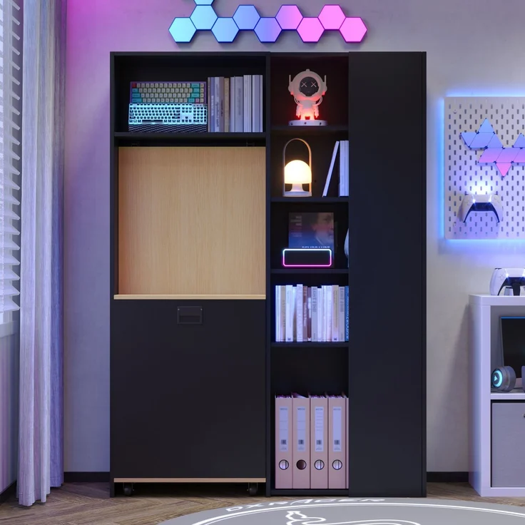 Klappbarer Schreibtisch mit Ablagen –2-in-1-Bücherregal und Schreibtisch, klappbar, mit Steckdose und USB-Anschluss, höhenverstellbare Ablagen, Kippschutz, Schreibtisch,Eck-Schreibtisch-rechts – Bild 2