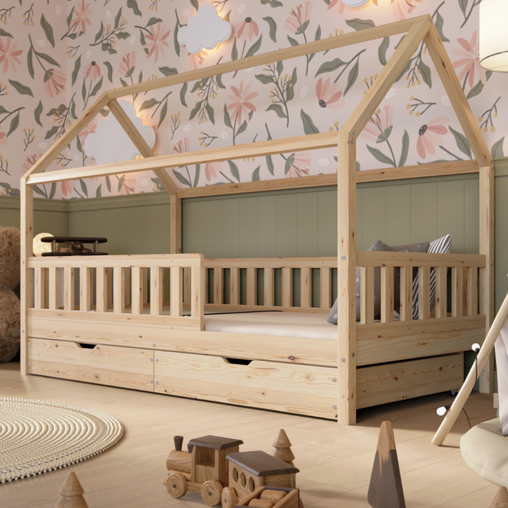 Crazy Pine 'Crazy Blanco' Hausbett mit Rausfallschutz, Skandinavisches Design, Naturholz, Natur, 80x160 cm, mit Schubladen