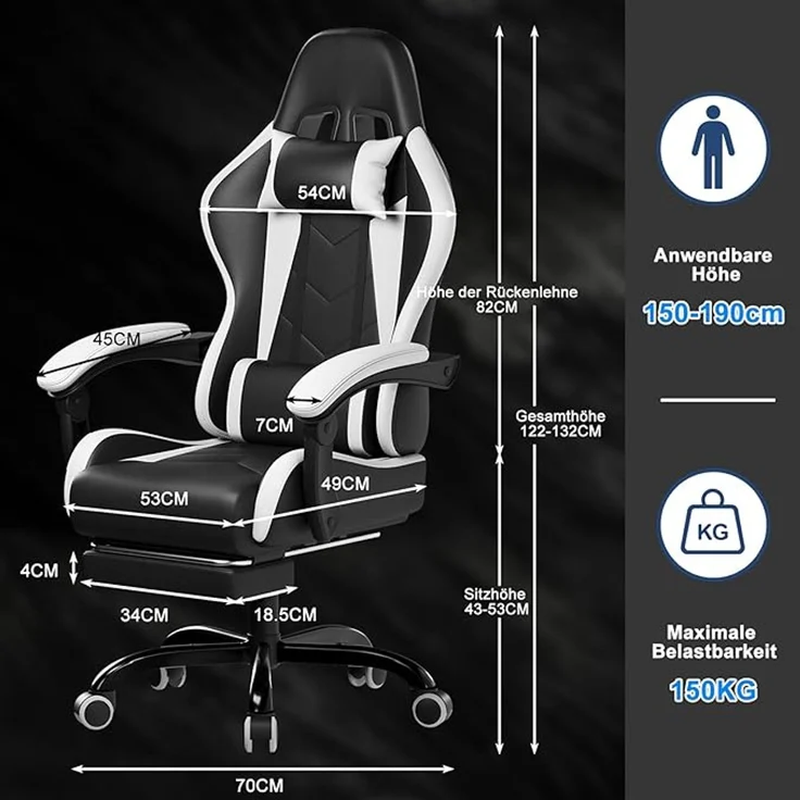Devoko Massage Gaming Stuhl, Computer Bürostuhl mit Fußstütze, Racing Gamer Stuhl 150kg Belastbarkeit, 90-135° Rückenlehne einstellbar Ergonomischer PC Stuhl, 360° drehbar, Weiß – Bild 3