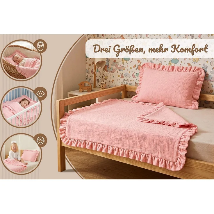 Babydecke Musselin Decke Baby Set 75x60 cm + Kissen 40x30 cm mit Rüschen, Totsy Baby – Bild 3