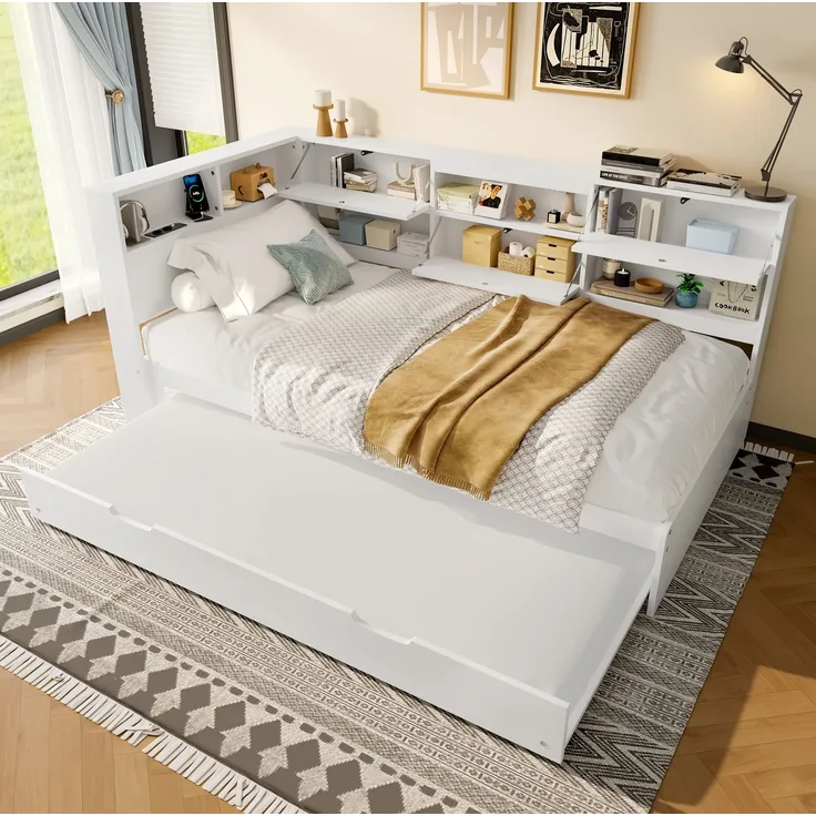 Daybett 90x200 cm mit Ausziehbett und Kopfteil mit Stauraum – Weiß, USB und Typ-C