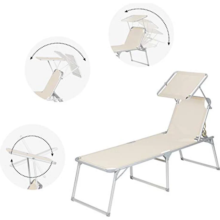Songmics Sonnenliege mit Dach, Liegestuhl, Gartenliege, Aluminium, groß, 65 x 200 x 48 cm, bis 150 kg belastbar, Rückenlehne verstellbar, klappbar, Garten, Balkon, Terrasse, beige GCB26BE – Bild 6