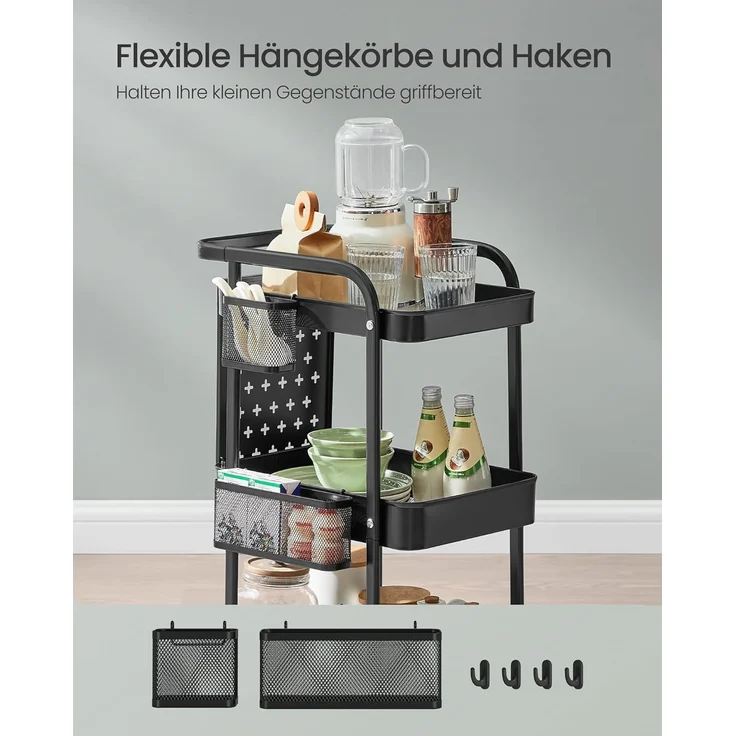 SONGMICS Rollwagen, Küchenwagen, 3 Metallgitterablagen, Servierwagen, 2 abnehmbare Lochplatten, 2 Hängekörbe, 4 Haken, für Büro, Küche, Wohnzimmer, Badezimmer – Bild 5