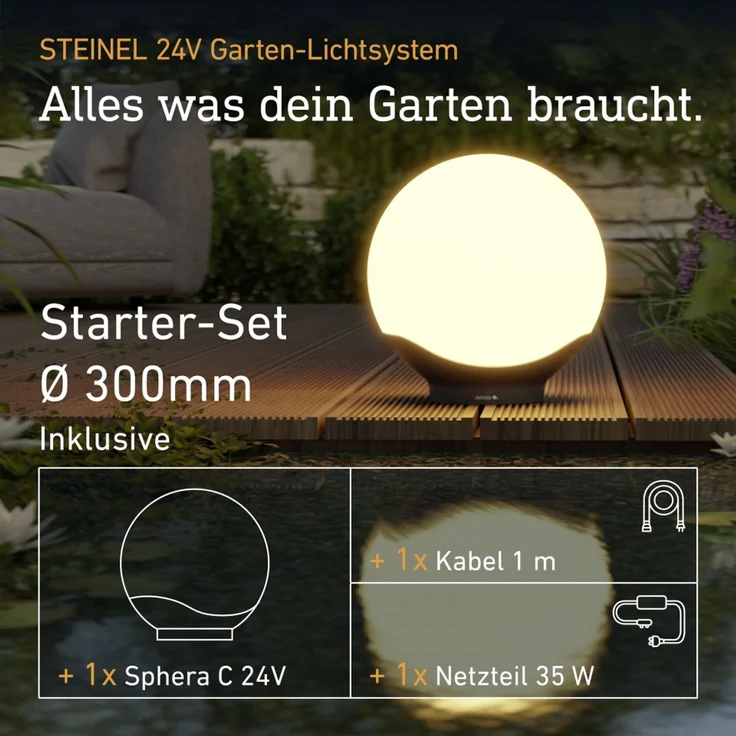 Steinel Starter-Set LED-Kugelleuchte Sphera C 24V Ø30 cm, inkl. 1x Kugellampe, 35 W Netzteil und 1m Kabel,16 Mio. Farben, App-Steuerung, Plug & Play – Bild 6