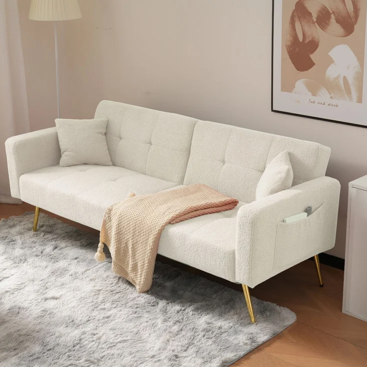 ZUBALIYA Schlafsofa 64x72 cm, mit Stauraum, mit Samtbezug, mit Schaumstoffpolsterung, aus Stoff: Sherpa, Weiß – Bild 4