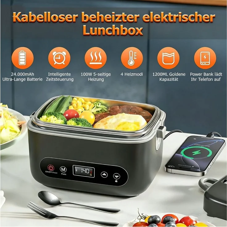 AKKEE Elektrische Lunchbox für Zuhause und Auto, Kabellos, 1,2 L, schnelles Erhitzen von Speisen, Intelligentes Touchpanel – Bild 3