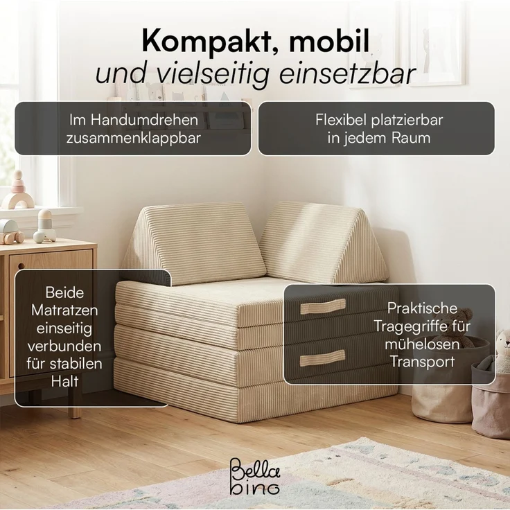 Bellabino 'Nile' Spielsofa mit Kissen und Armlehnen, 8-tlg, Cord, beige, faltbare Kindercouch, abnehmbarer & waschbarer Bezug, Kindersofa aus Schaumstoff – Bild 8