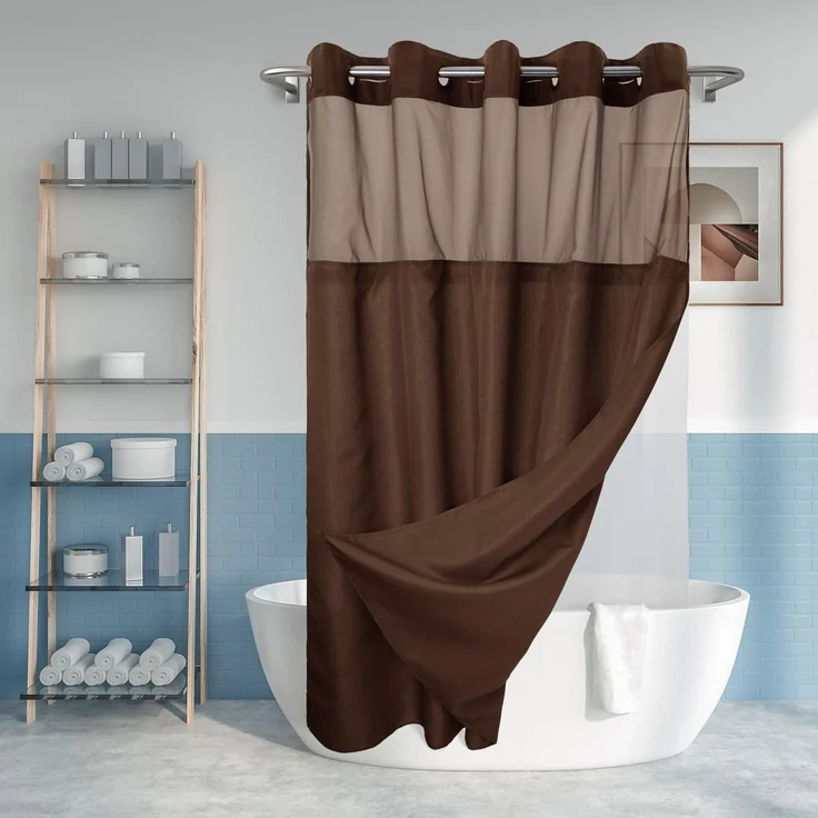 Duschvorhang ohne Haken, strukturiert, mit PEVA-Innenfutter, 180,3 x 188 cm, Hotel-Stil mit durchsichtigem Fenster, maschinenwaschbar und wasserabweisend, Schokoladenbraun, 71 x74