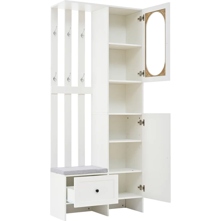 85*33.5*200cm Kompaktgarderoben,Startseite Möbel Mit 2 Schränken,Aufbewahrungsschrank aus gehärtetem Glas, Garderoben-Set Weißer Eingangsschrank, Garderobenständer mit Schuhbank und Polster – Bild 9