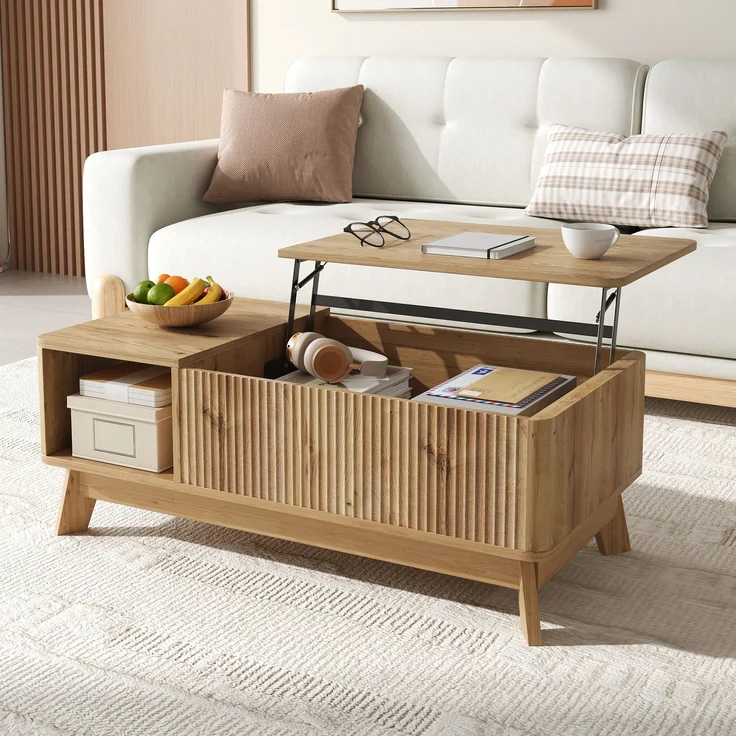 Merax Couchtisch mit Hubfunktion, Wellenoptik, offenes Seitenfach, MDF-Material, Moderner Stil, Natur – Bild 6