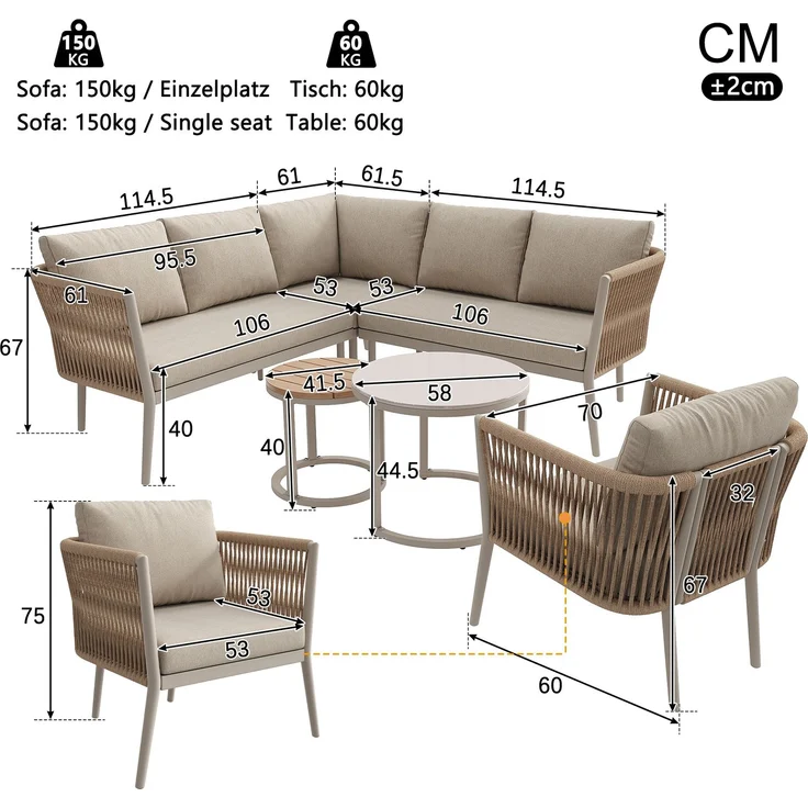 Merax Gartenlounge-Set für 5-6 Personen, 6-Sitzer Gartenmöbel-Set Sitzgruppe mit 2 stapelbaren Couchtische, Beige – Bild 4