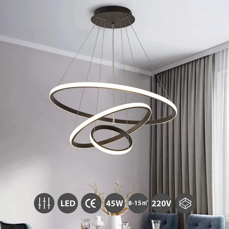 JDONG LED Pendelleuchte 3 Ringen Modern LED Hängelampe Schwarz 53*40*20cm, 54W Esstischlampe Dimmbar mit Fernbedienung, 3000K–6500K Höhenverstellbar 120cm, DIY Kronleuchter, Augenschonend für Esszimmer Wohnzimmer Büro Hotel – Bild 4