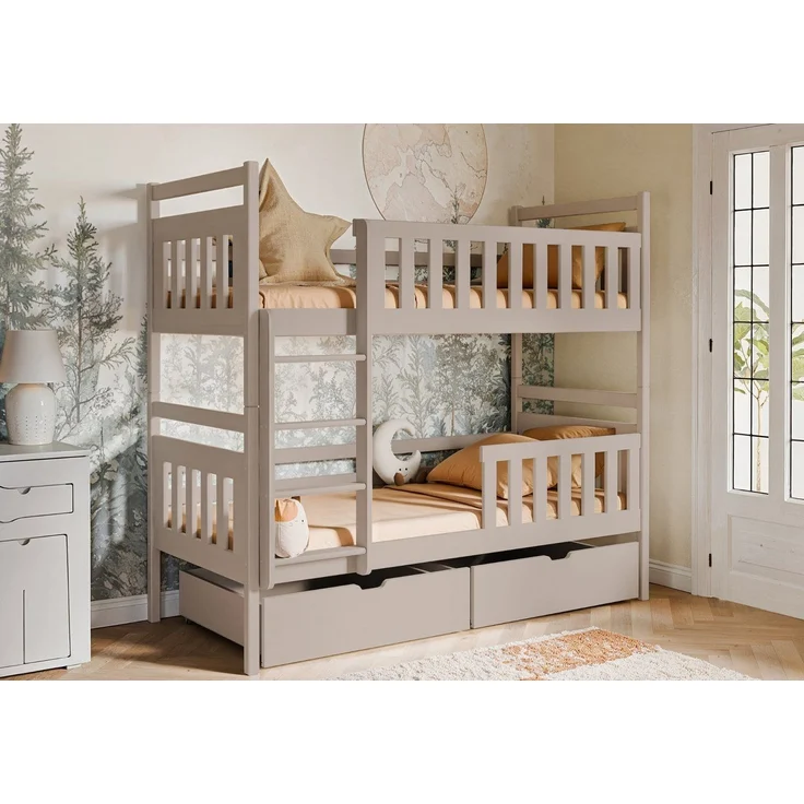 Kids Collective Hochbett 80x180, 90x200 cm mit 2 Schubladen Kinderbett mit Rausfallschutz Lattenrost, umbaubar in 2 Kinderbetten, Vollholz, Kaschmir, 200x90 cm