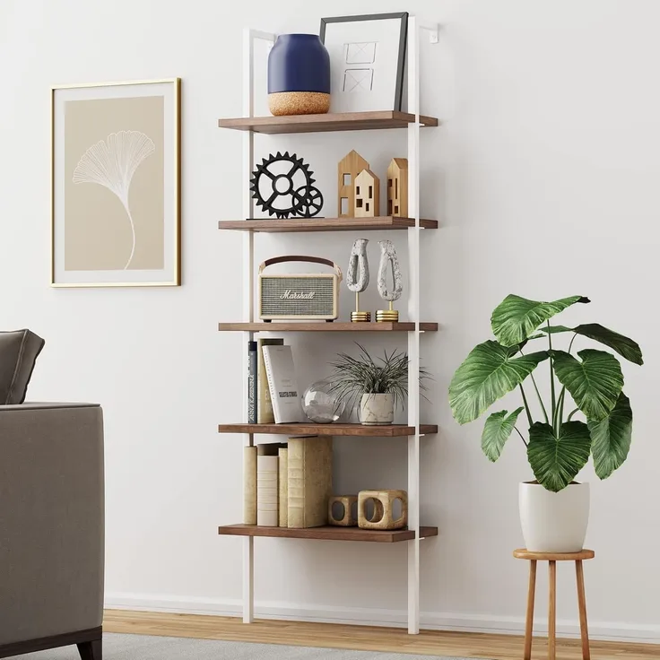 Nathan James Theo Bücherregal aus Holz, 5 Ablagen, offene Wandmontage, Leiter-Bücherregal mit industriellem Metallrahmen, Hellbraun Eiche/Weiß