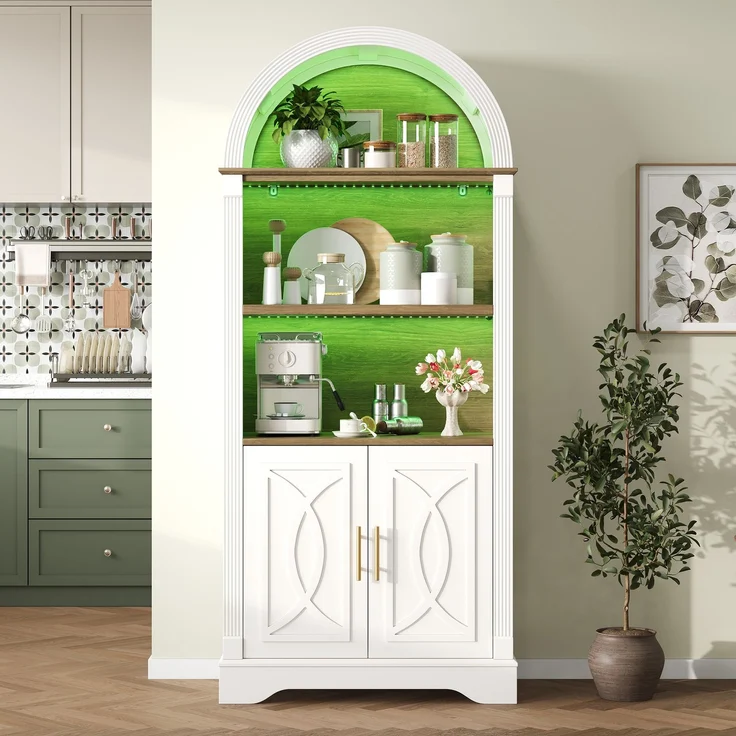 EINHOM Highboard mit verstellbarer Regalböde und LED-Beleuchtung, Küchenschrank mit großem Stauraum, Ideal für Esszimmer, Wohnzimmer und Küche (Weiß) – Bild 3