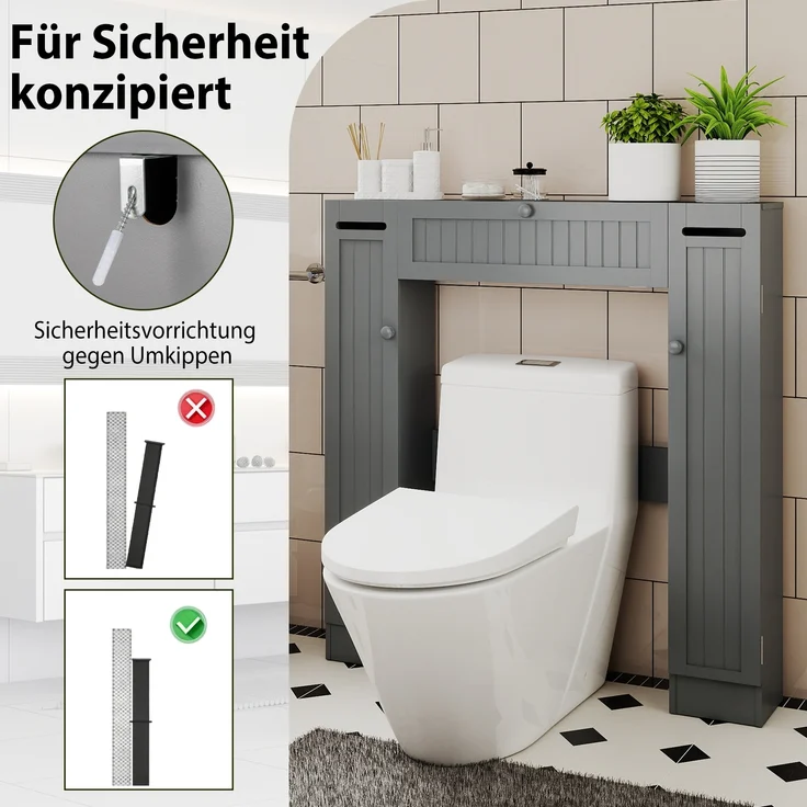 Regal über der Toilette freistehender Badezimmerschrank mit verstellbaren Regalen Toilettenpapierhalter Grau – Bild 5