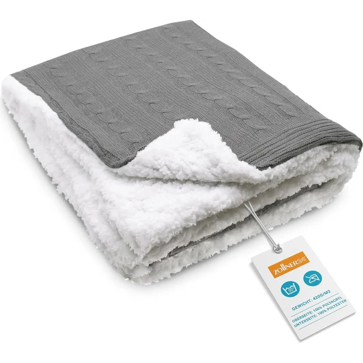 ZOLLNER Wendedecke Lammfellimitat-Strickdecke, ca. 150x200, grau – Bild 1