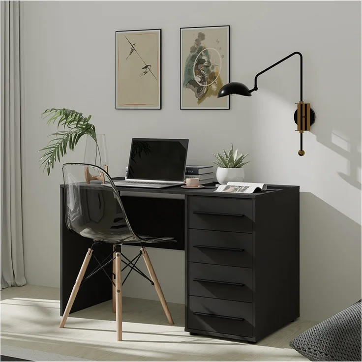 Lomadox Schreibtisch MOLLERUSA-132, 120cm breit, schwarz matt mit 4 Schubladen und schwarzen Griffen