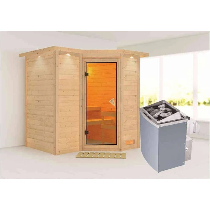 Karibu Sauna Sahib 1 mit Dachkranz + 9kW Saunaofen mit integr. Steuerung Graphit-Ganzglastür – Bild 5