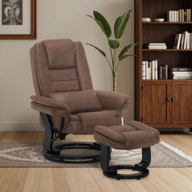 M MCombo Relaxsessel mit Liegefunktion, Lesesessel, 360° Drehbarer Fernsehsessel, mit Hocker, mit Kissen & Seitentasche, 9099 (Braun-Mikrofaser) – Bild 2