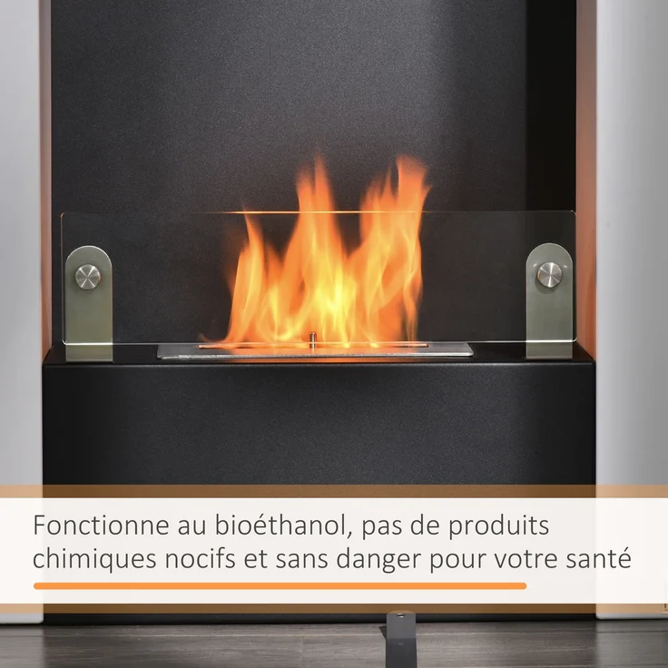 JARDJ Bioethanol-Kamin mit 0,9-Liter-Brenner und Ablagefläche aus gehärtetem Glas, 60 x 20 x 79 cm, Stahl, schwarz-weiß – Bild 6