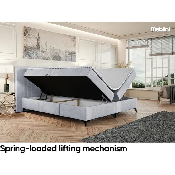 MEBLINI Boxspringbett NANI 160x200cm - H3B/Hellgrau Samt - mit Bettkasten - Polsterbett - Doppelbett mit Topper & Bonellfederkern-Matratze – Bild 3