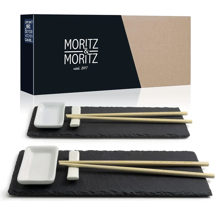 Moritz & Moritz Servierplatte Servierplatte - Schieferset Lemon Grass, Schiefer, Keramik, Bambus, (Lemongras, 10-tlg), Schiefer Suhsi Set - Sushi Geschirr