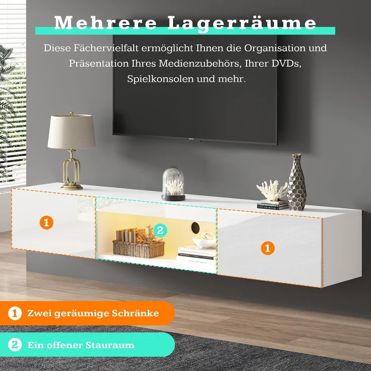 Hängeschrank für Wohnzimmer mit LED-Beleuchtung, Bluetooth-App steuerbar, Musikmodus, Stauraum mit offenes Fach und Türen – Bild 7