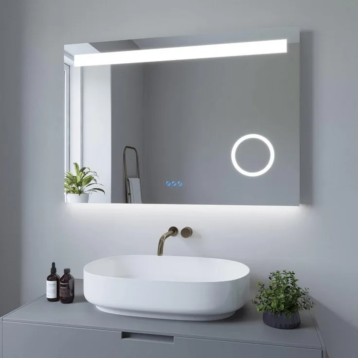 AQUABATOS LED Badspiegel 100x70cm, dimmbar, Kaltweiß 6400K & Warmweiß 3000K, beschlagfrei, 3-fach vergrößerbar, Alu-Rahmen silber matt