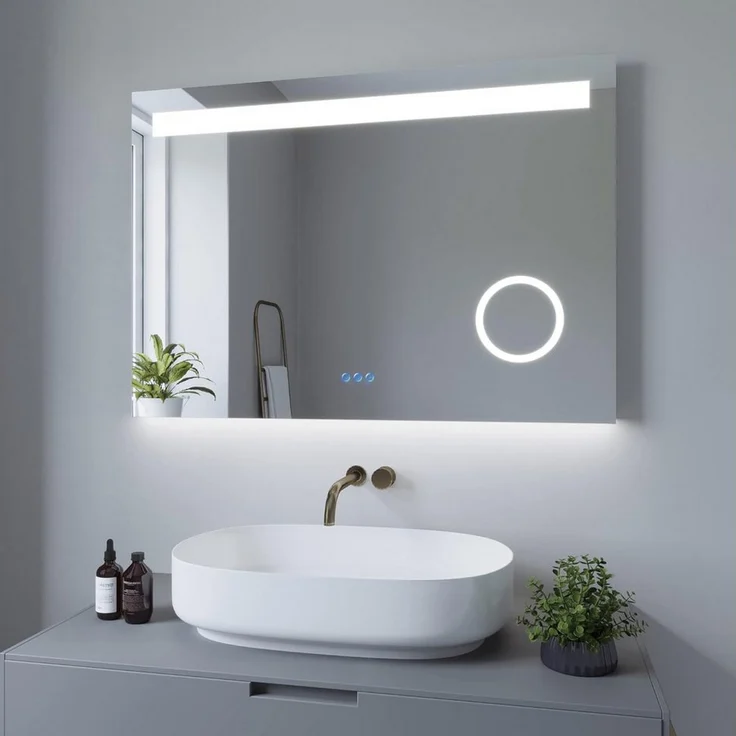 AQUABATOS LED Badspiegel 100x70cm, dimmbar, Kaltweiß 6400K & Warmweiß 3000K, beschlagfrei, 3-fach vergrößerbar, Alu-Rahmen silber matt