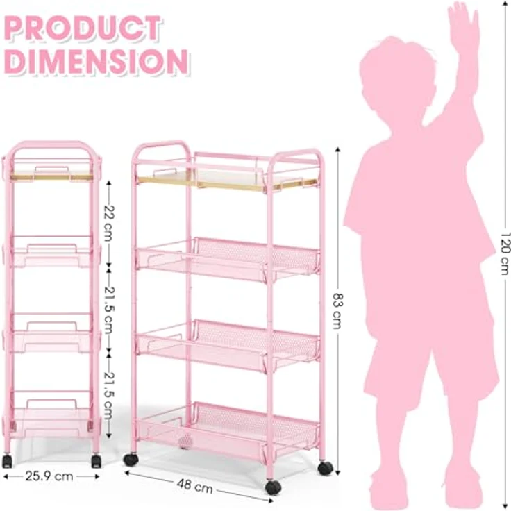 KINGRACK 4-Stöckiger Küchenwagen mit Rollen, Rollwagen Metall, Verschiebbarer Aufbewahrungswagen mit Holzplatte und Gitterkorb Ideal für Enge Räume in Haus und Küche, Badezimmern, Rosa – Bild 6