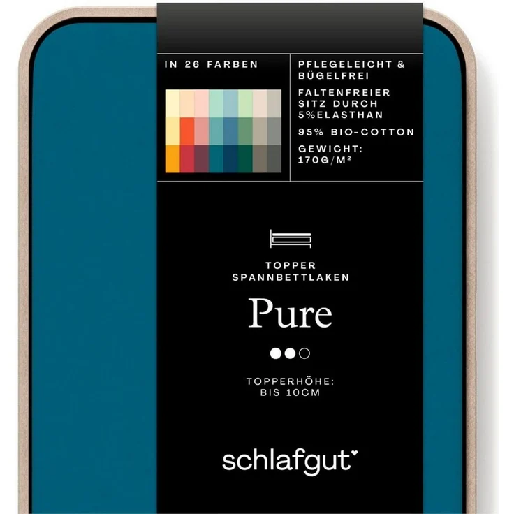 Schlafgut 'PURE TOPPER' Spannbettlaken, für Topper bis 10 cm Höhe, Petrol Deep, L 140x200cm - 160x220cm, 100% Bio-Baumwolle