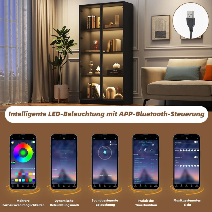 Glasvitrine mit APP LED-Beleuchtung, doppeltürige Vitrine mit beweglichen Einlegeböden, 80*40*160cm,Hochschrank für Wohnzimmer, Standvitrine,Badezimmerschrank – Bild 8