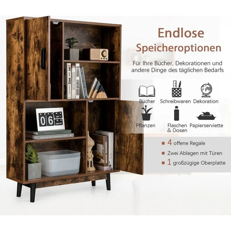 COSTWAY Bücherschrank mit 2 Türen und 4 offene Regale, Bücherregal Holz, Standregal Holzregal Aufbewahrungsregal für Wohnzimmer, Arbeitszimmer 80 x 24 x 120 cm (Kaffee) – Bild 3