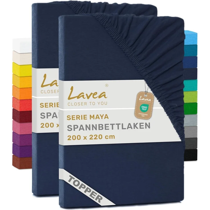 2er Set Lavea Topper Spannbettlaken - Spannbetttuch Jersey Topper Serie Maya, 200x220 cm, Galaxyblau, 100% Baumwolle, hochwertige Verarbeitung, mit Gummizug