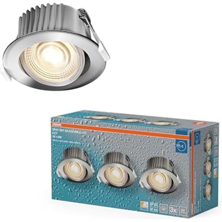 Osram Spot Set LED Einbaustrahler CCT IP44 4,9W Chrom, 3er Set Badezimmer Click-CCT dreistufig, 2700–6500K – Bild 1