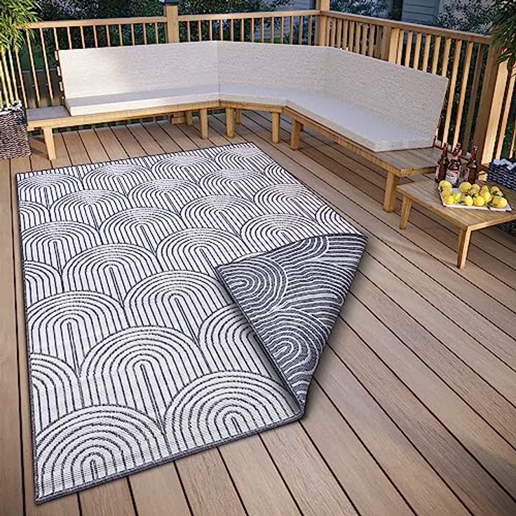 Hanse Home Pangli Outdoor Teppich Wetterfest – Wendeteppich Skandinavischer Boho Style Wasserfest Einfarbig Geometrisch 3D-Effekt für Garten, Balkon, Terrasse, Wohnzimmer – Silber, 240x330cm